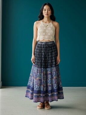 Vintage Indian Cotton Gauze Metallic Boho Festival Block Print Prairie Skirt